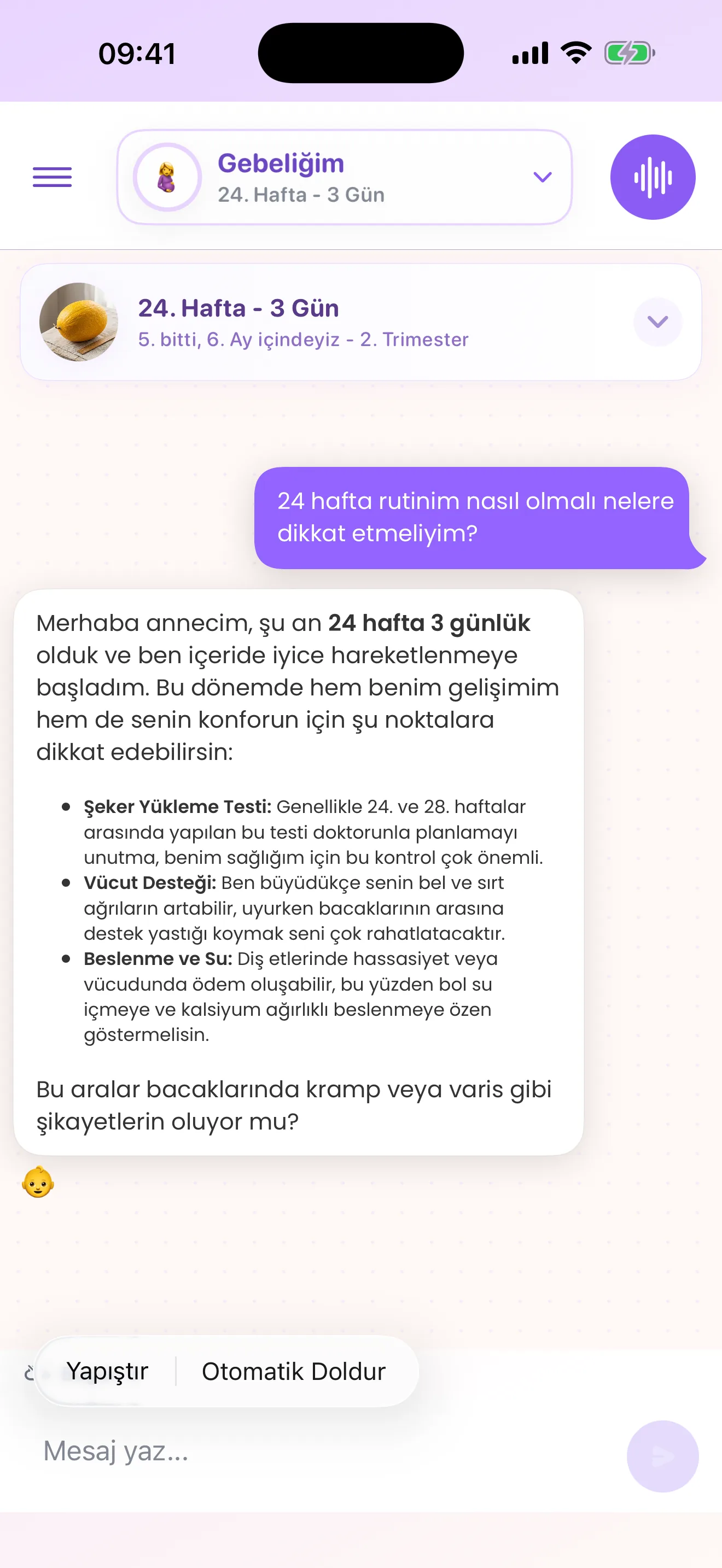 Gebelik haftası bağlamını gösteren Mamalina sohbet ekranı