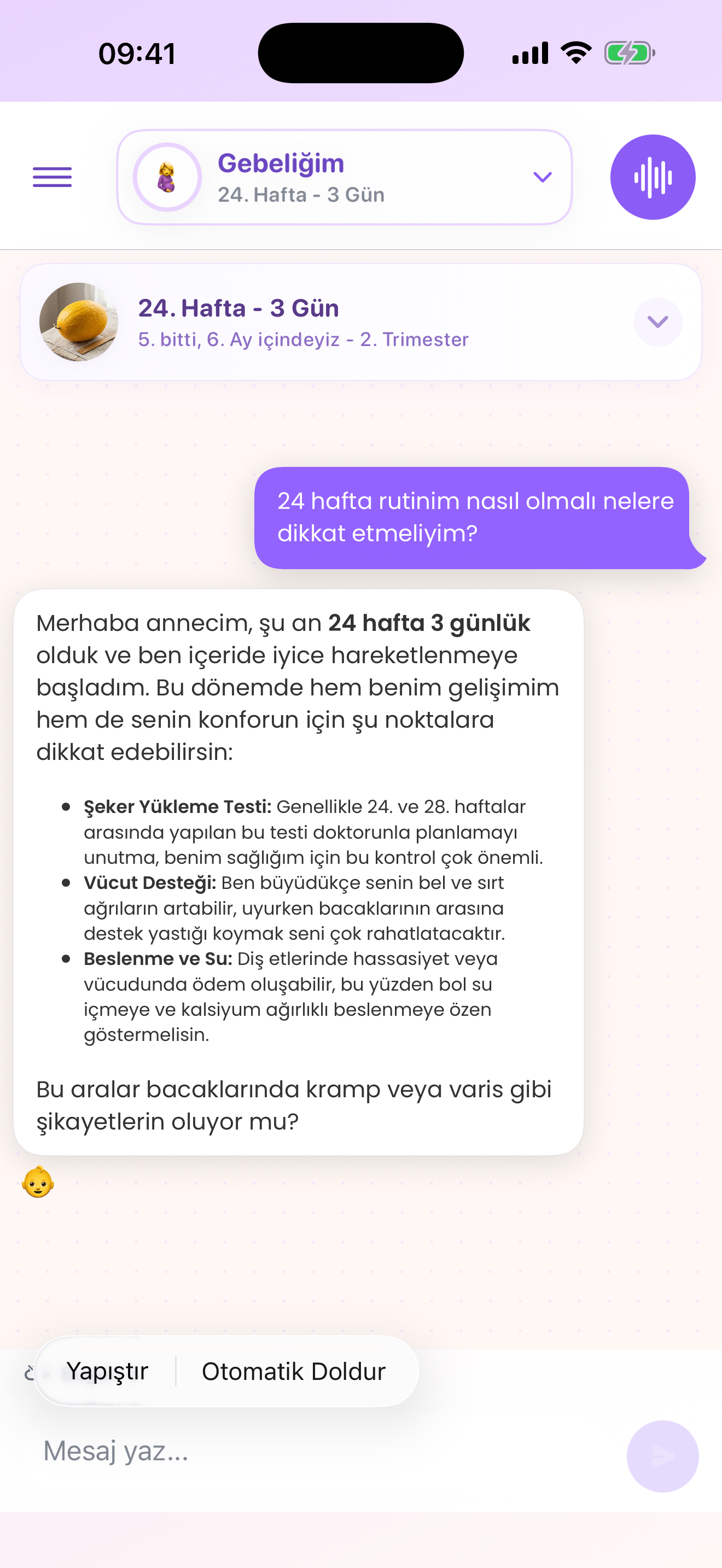 Mamalina chat screen with pregnancy-week context