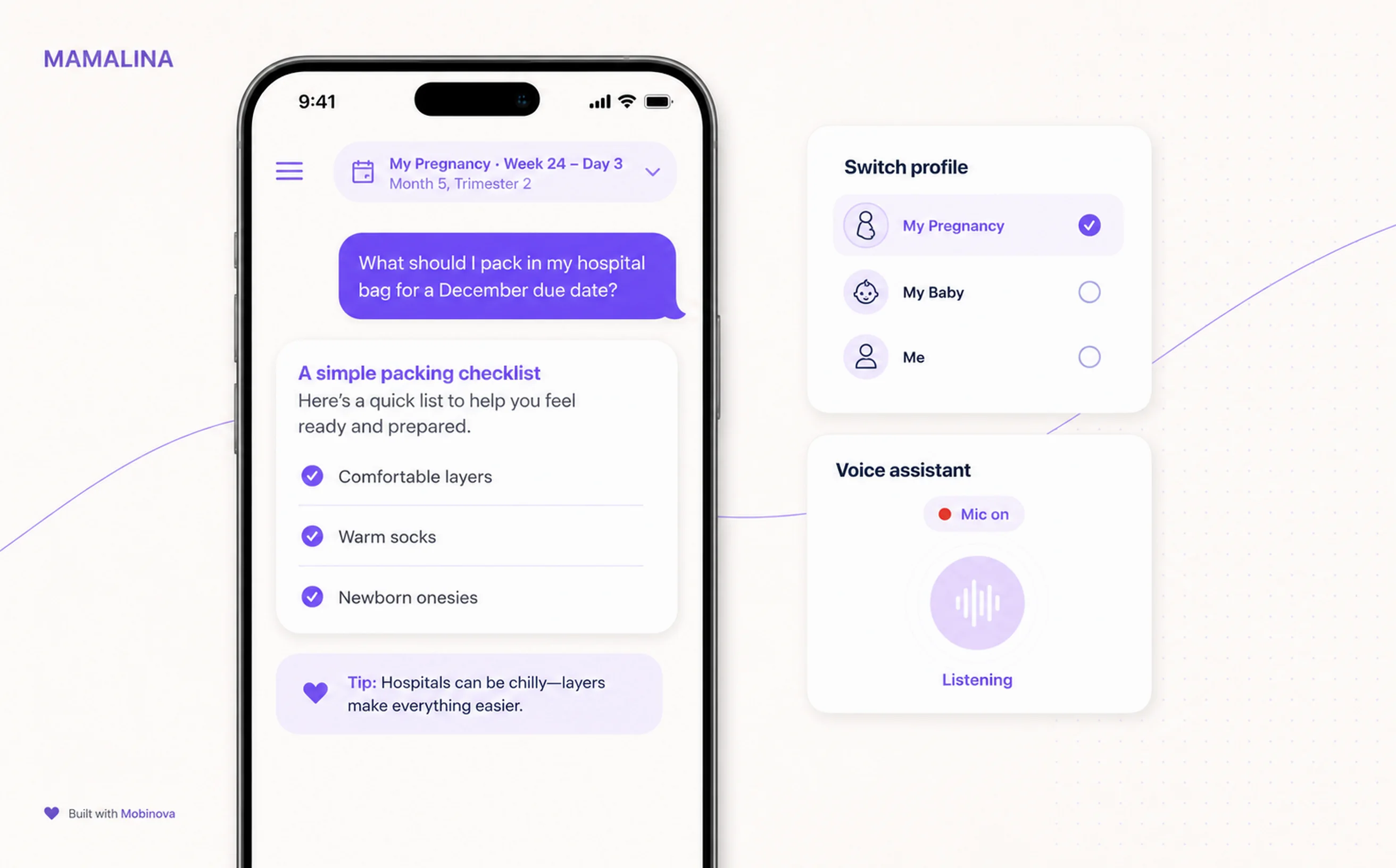 English Mamalina chat with profile selection and voice companion panels