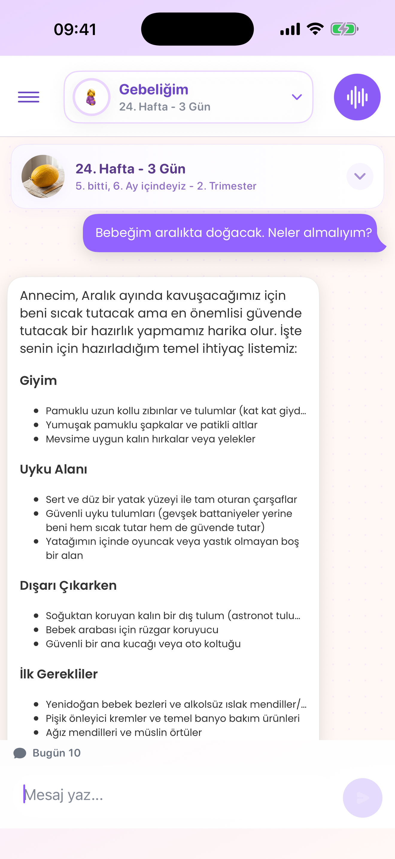 Mamalina chat screen with a structured newborn-preparation answer