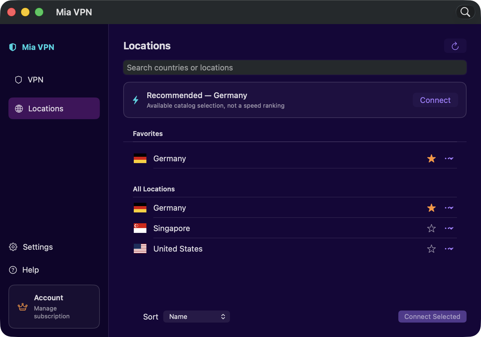 MiaVPN Mac uygulamasında konum arama ve favoriler