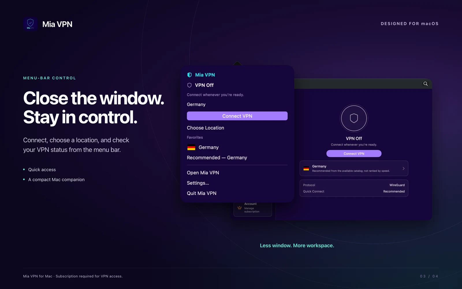 MiaVPN Mac uygulamasının menü çubuğu kontrolleri