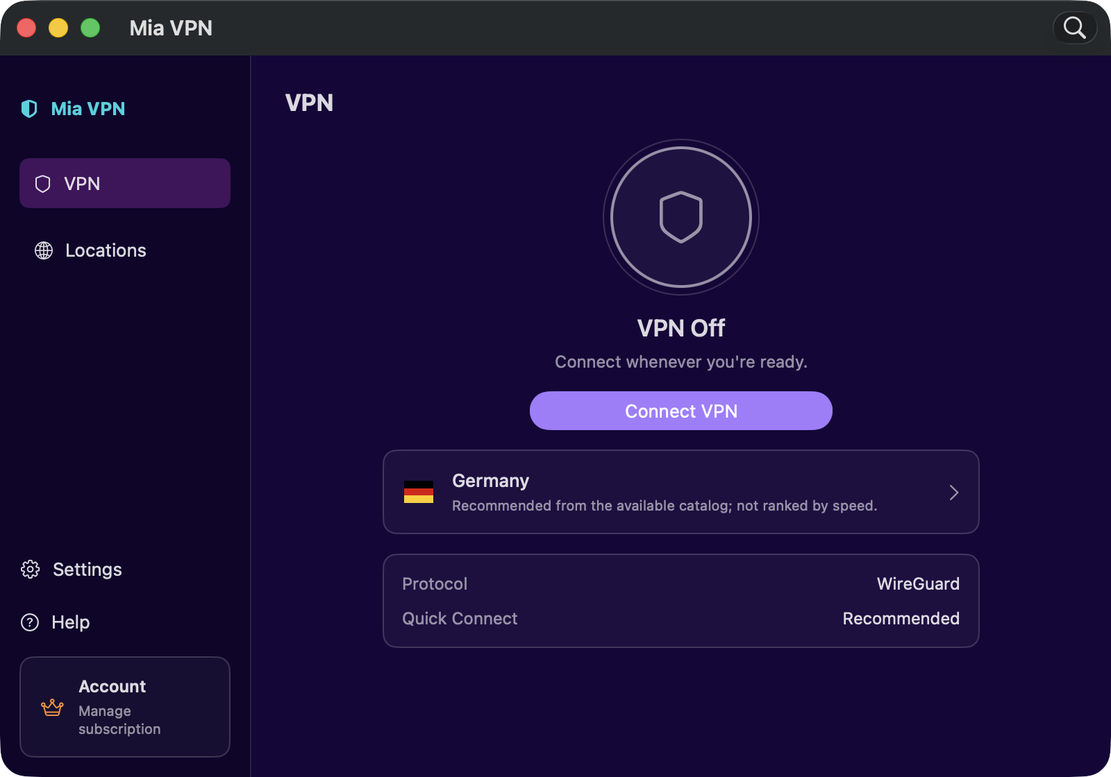 MiaVPN Mac uygulamasının VPN kapalı durumundaki ana ekranı