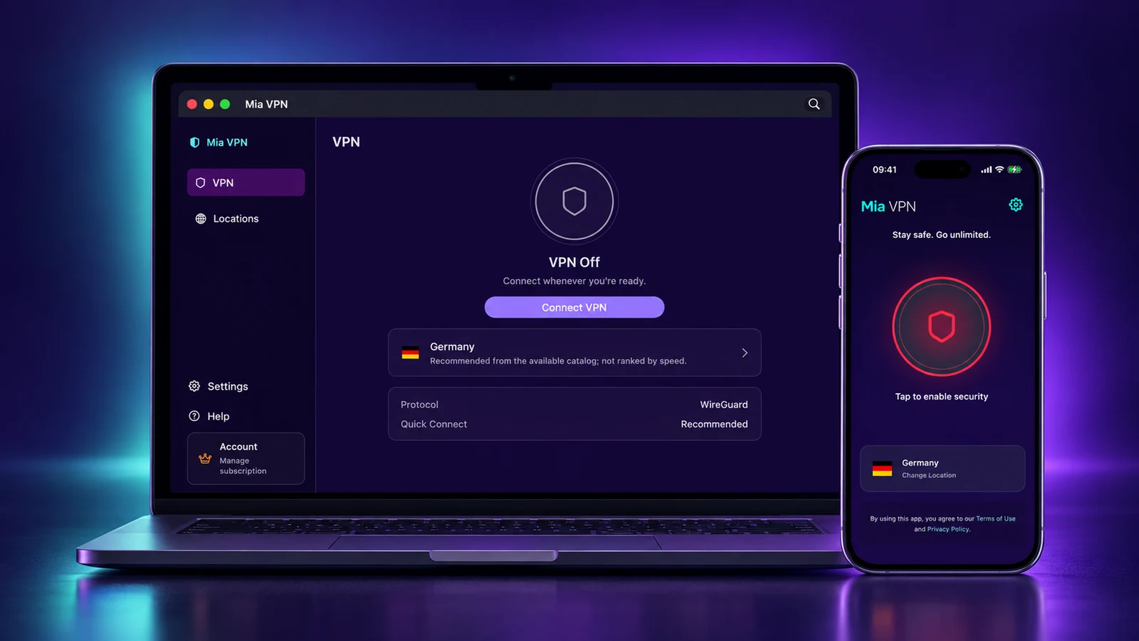 MiaVPN’in koyu mor arayüzü: dizüstü bilgisayarda Mac uygulaması ve yanında iPhone