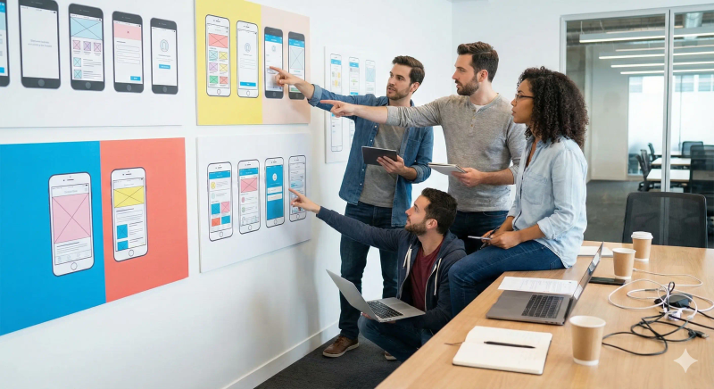 Karanlık bir masada kod yazan geliştirici ve mobil ekranlar