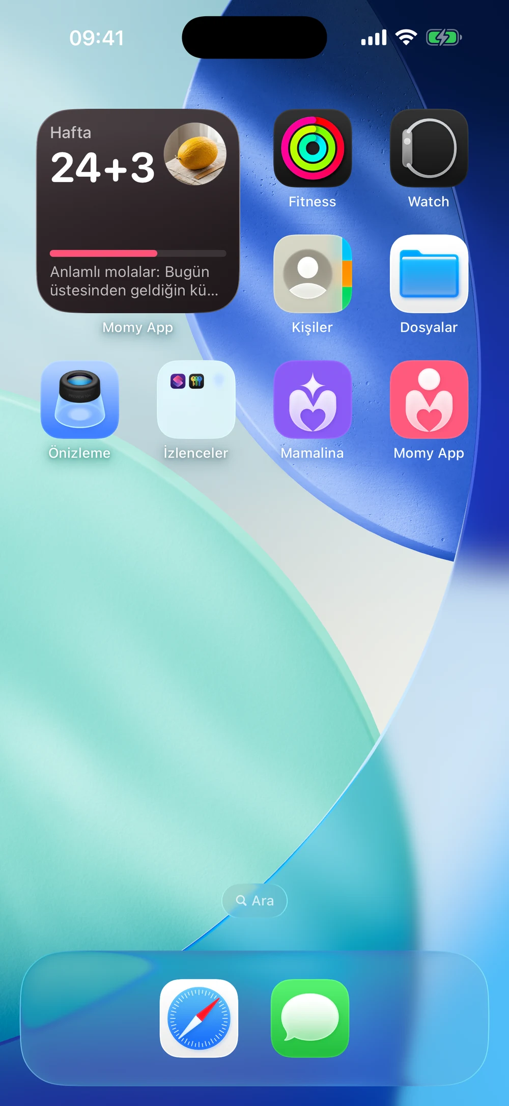 iPhone ana ekranında Momy hamilelik haftası widget’ı