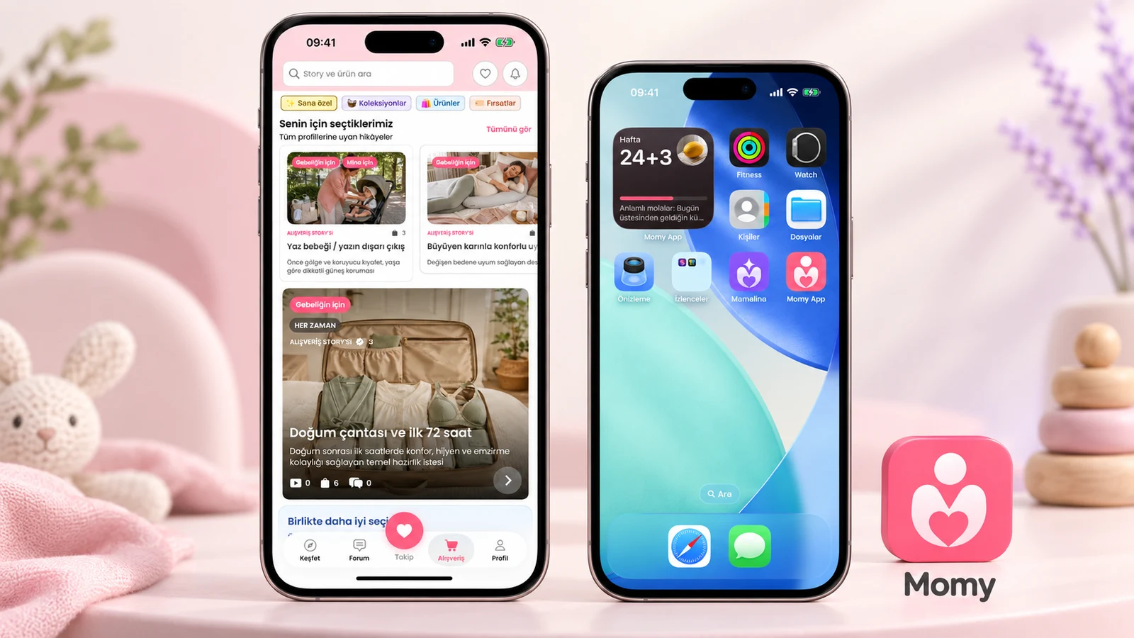 Momy’nin yenilenen pembe ve beyaz tasarımı ile iki iPhone üzerinde ürün görselleştirmesi