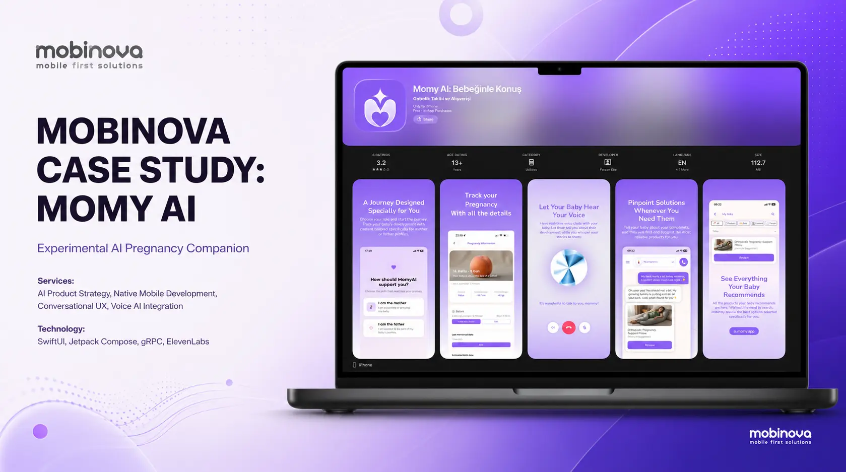 Onboarding, gebelik takibi, ses, sohbet ve ürün keşfi ekranlarını gösteren Momy AI App Store sunumu