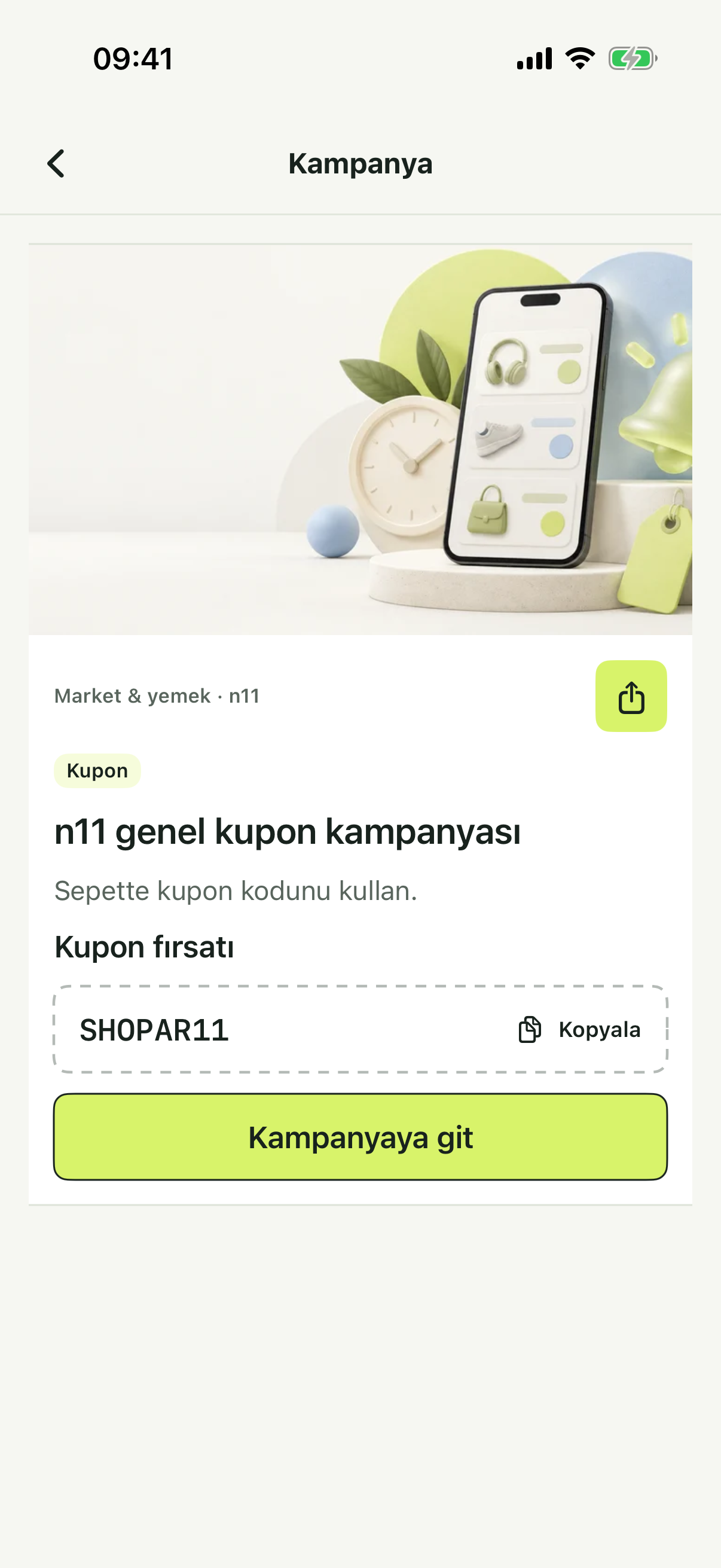 Görseli, kupon kodu, paylaşım düğmesi ve kampanya aksiyonu bulunan bağımsız Shopar kampanyası