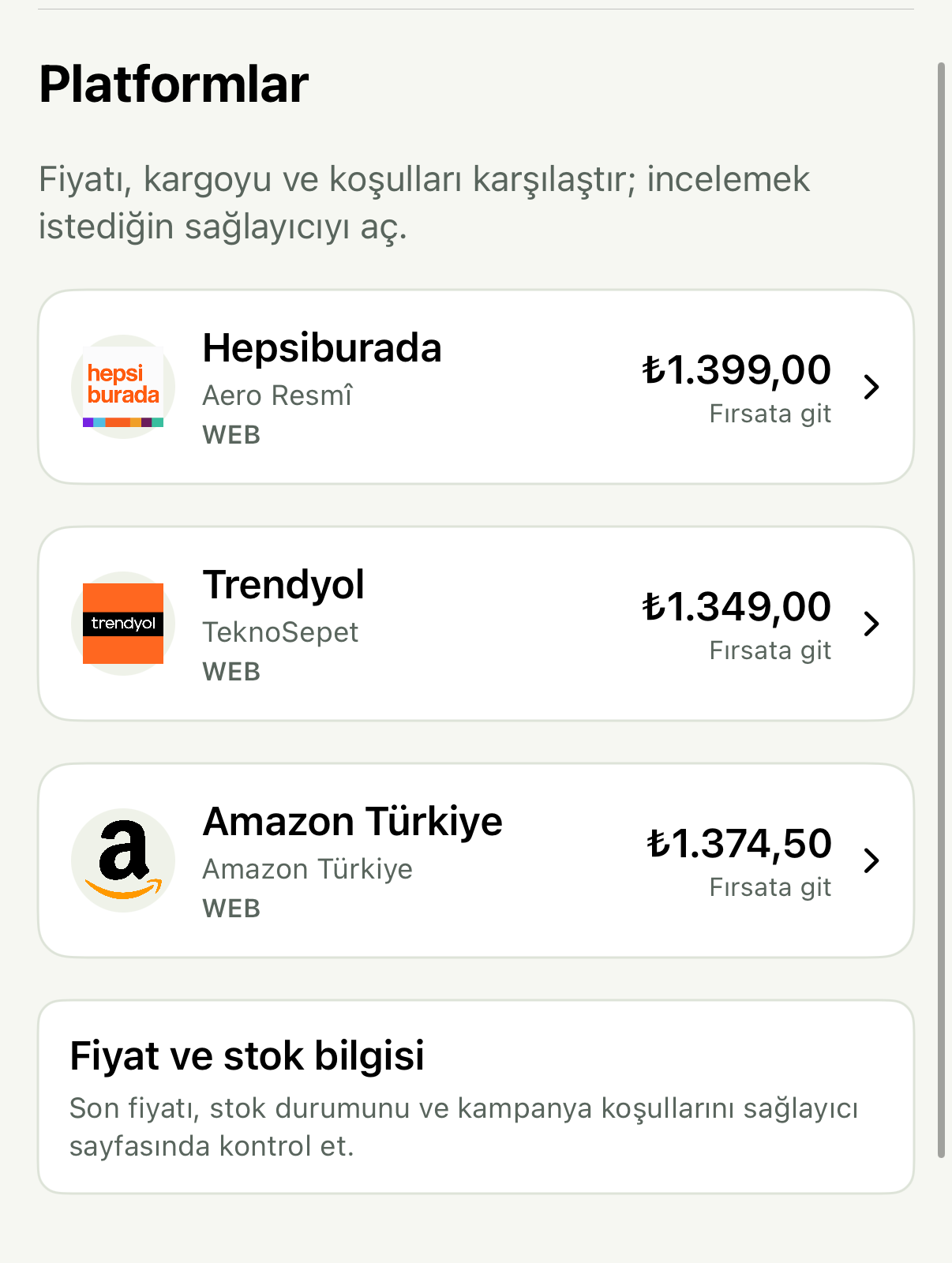 Hepsiburada, Trendyol ve Amazon Türkiye sağlayıcı seçeneklerini gösteren Shopar ürün karşılaştırma bölümü