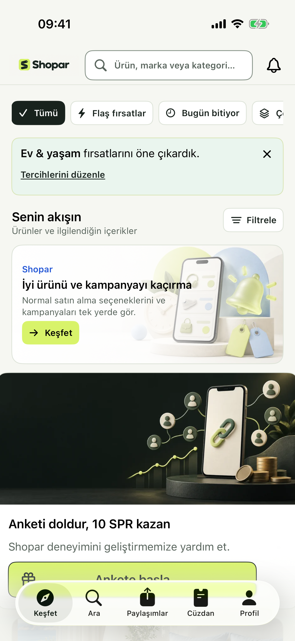 Filtreleri, kampanya duyurusu ve ürün içerikleriyle Shopar Keşfet akışı