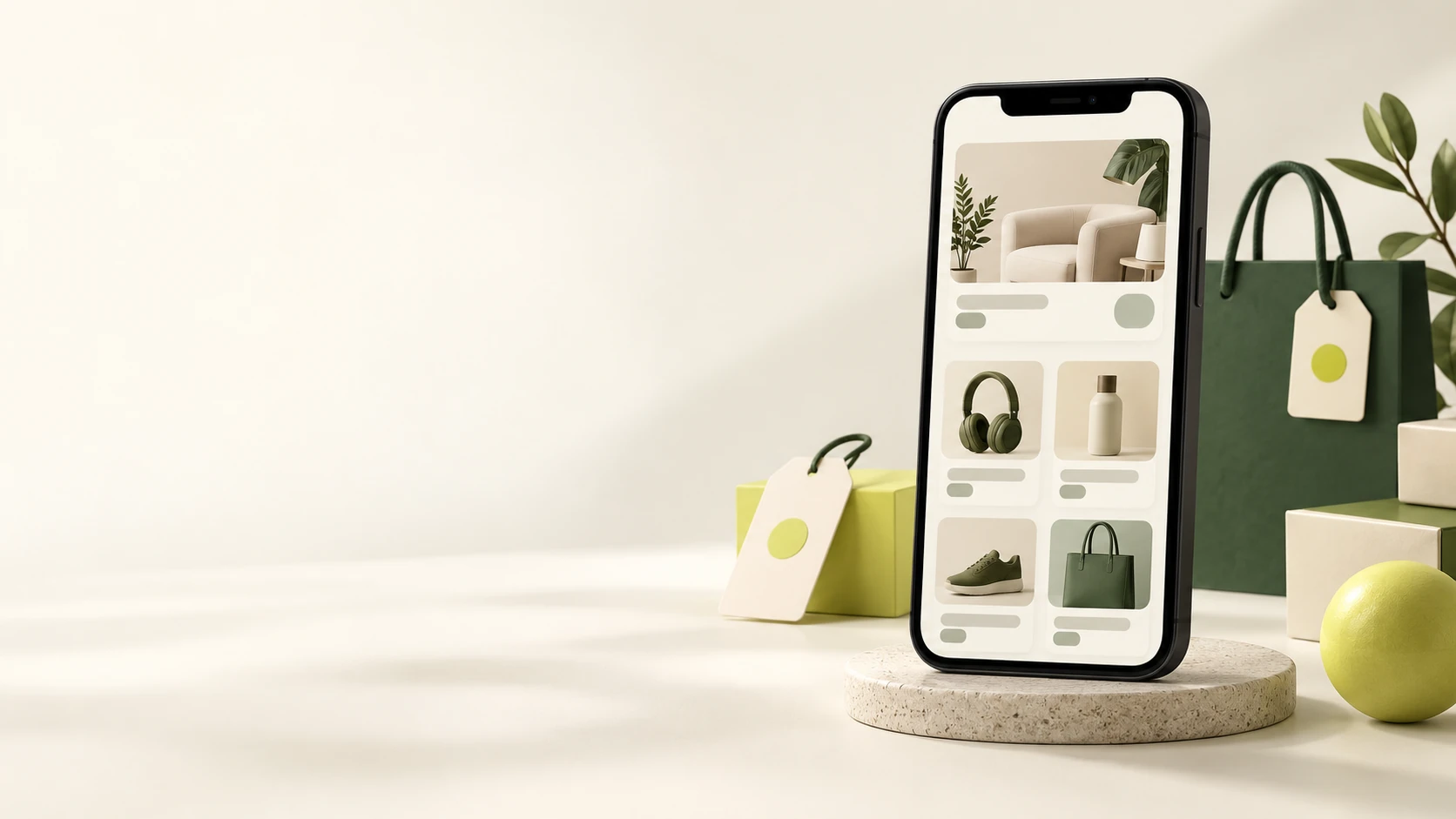 Soyut ürün kartları gösteren telefonla Shopar konsept görseli
