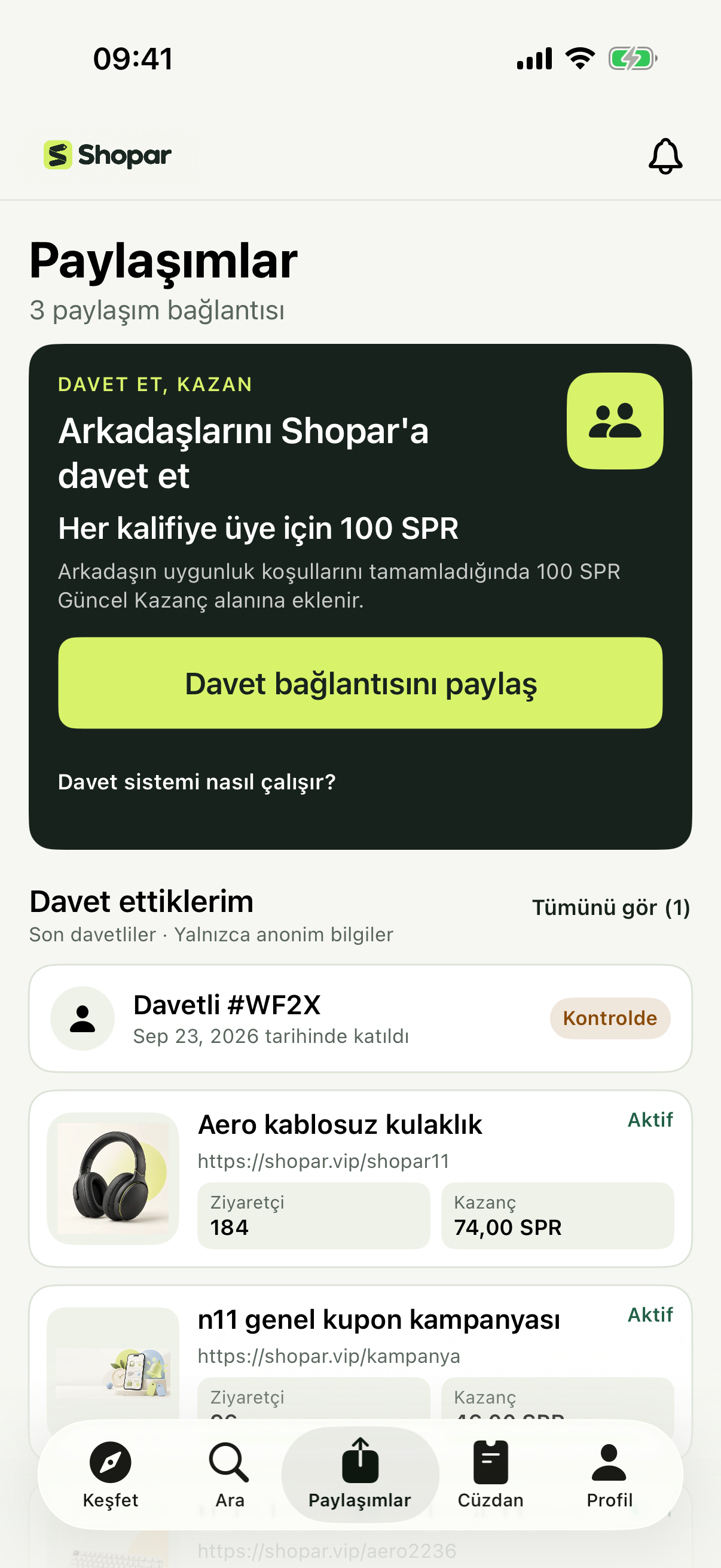 Anonim davet bilgileri ve örnek ziyaret ve SPR hareketleri bulunan Shopar Paylaşımlar ekranı