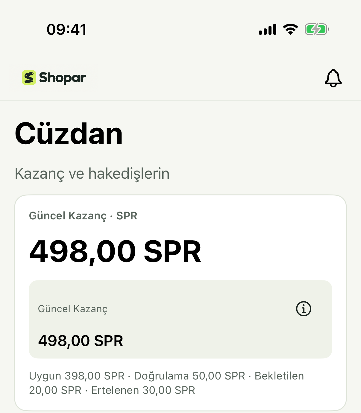 Uygun, doğrulama, bekletilen ve ertelenen tutarların dağılımıyla Shopar güncel SPR bakiyesi