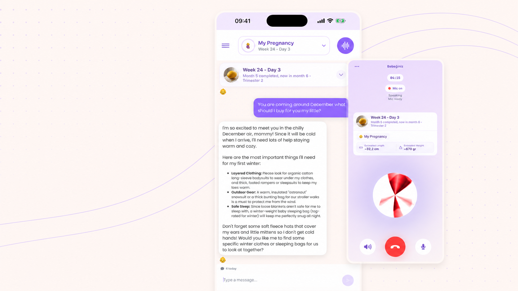Mamalina product composition with contextual chat and voice conversation screens